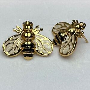Adorable Black & Ivory GoldTone Bumblebee Earrings Lightweight Hypoallergenic